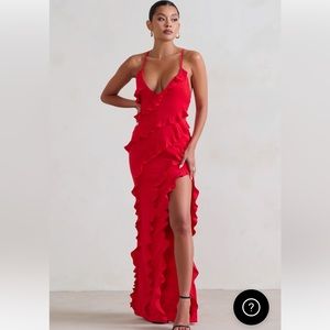 Club l London 
“RUN THE WORLD RED PLUNGE NECKLINE RUFFLE MAXI DRESS”